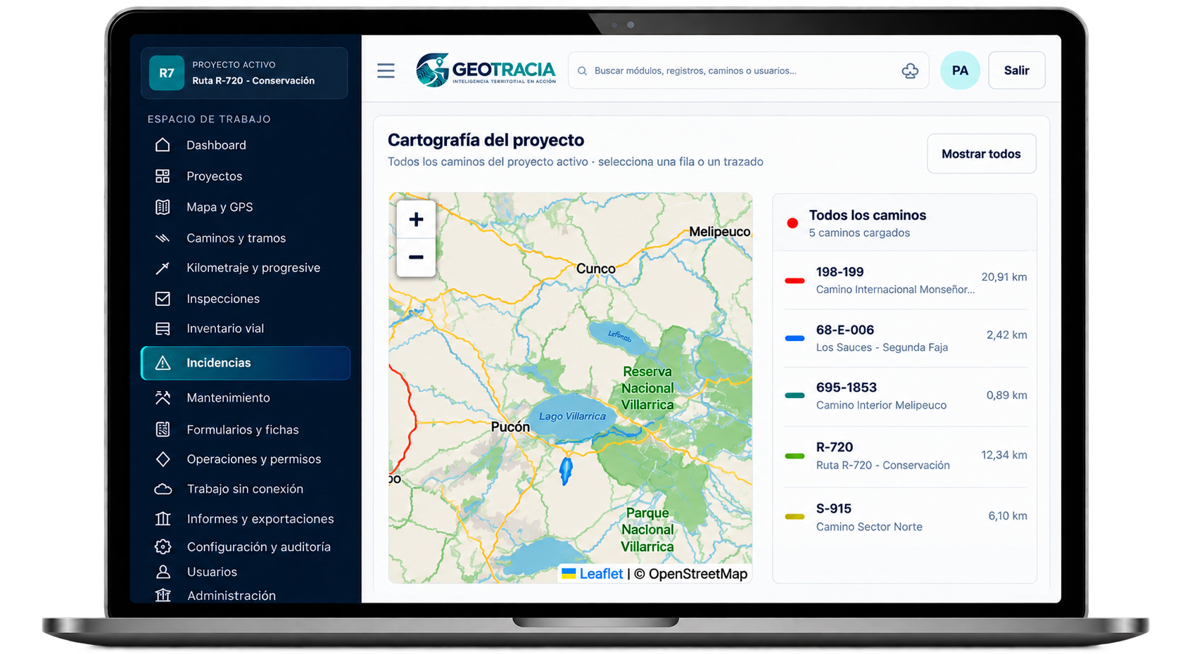 GEOTRACIA: cartografía del proyecto y gestión de caminos en la versión escritorio